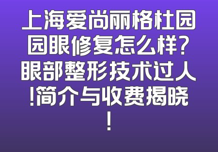 上海爱尚丽格杜园园眼修复怎么样？眼部整形技术过人！简介与收费揭晓！